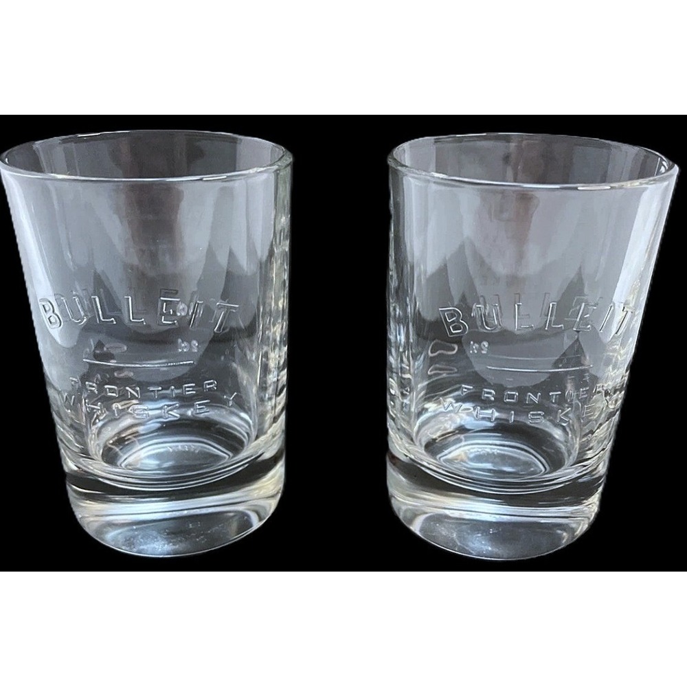 2 Oval BULLEIT BOURBON FRONTIER WHISKEY Glasses Raised Type Design NOS Pair